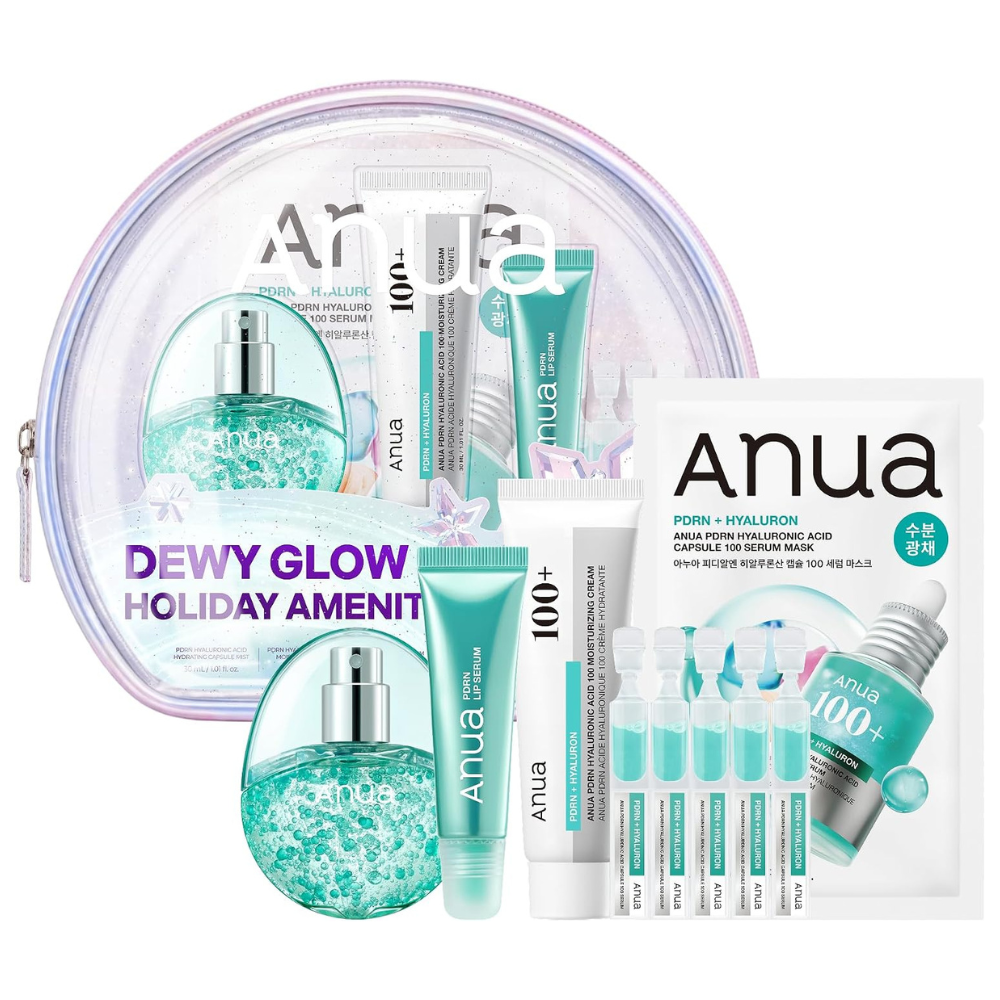 Anua Dewy Glow Holiday Amenity Kit, 5-piece Korean PDRN and hyaluronic acid travel set with mist, cream, lip serum, sheet mask and serum ampoules Australia