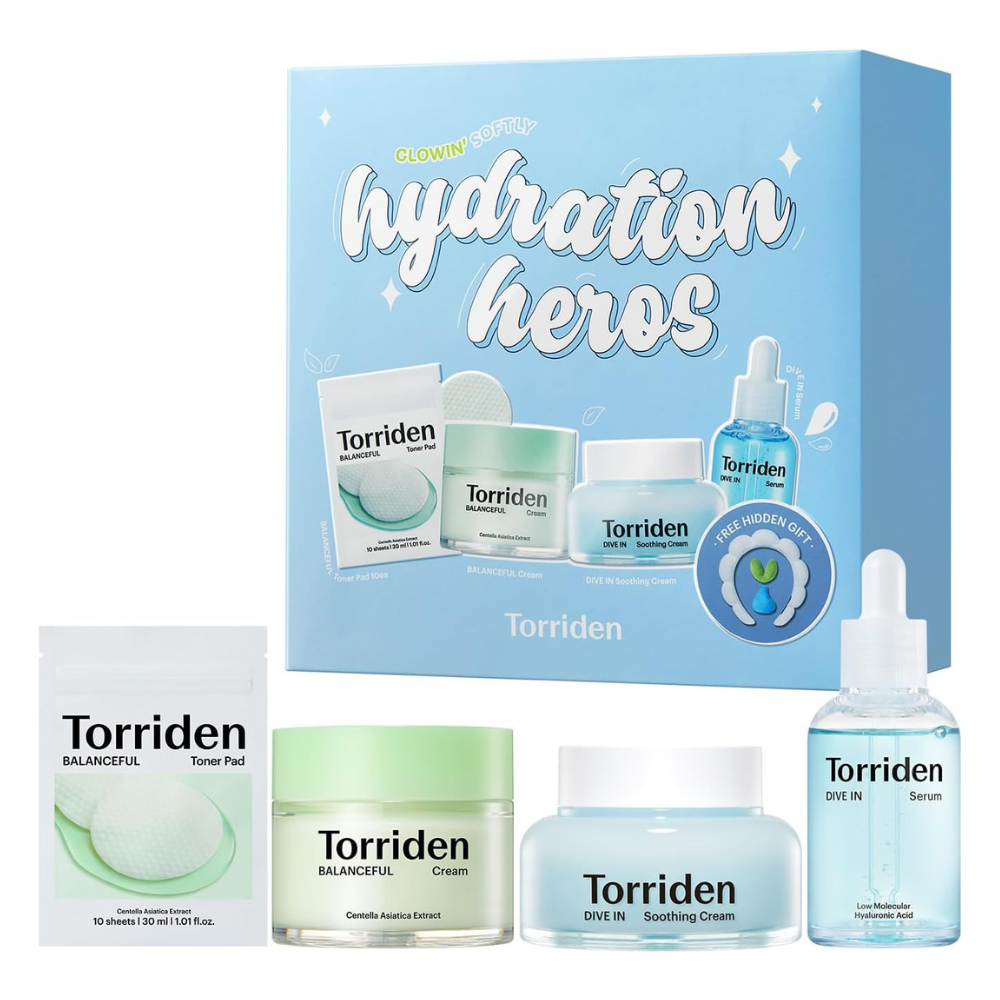 Torriden Softly Hydration Heroes set, DIVE-IN hyaluronic acid serum and soothing cream with BALANCEFUL cica cream and toner pad, Korean skincare gift set Australia