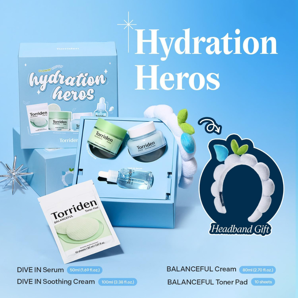 Torriden Softly Hydration Heroes set, DIVE-IN hyaluronic acid serum and soothing cream with BALANCEFUL cica cream and toner pad, Korean skincare gift set Australia