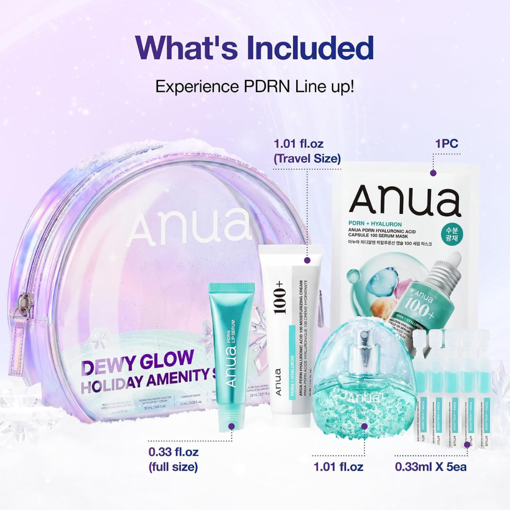 Anua Dewy Glow Holiday Amenity Kit, 5-piece Korean PDRN and hyaluronic acid travel set with mist, cream, lip serum, sheet mask and serum ampoules Australia