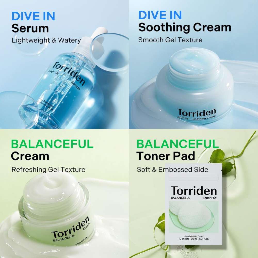 Torriden Softly Hydration Heroes set, DIVE-IN hyaluronic acid serum and soothing cream with BALANCEFUL cica cream and toner pad, Korean skincare gift set Australia