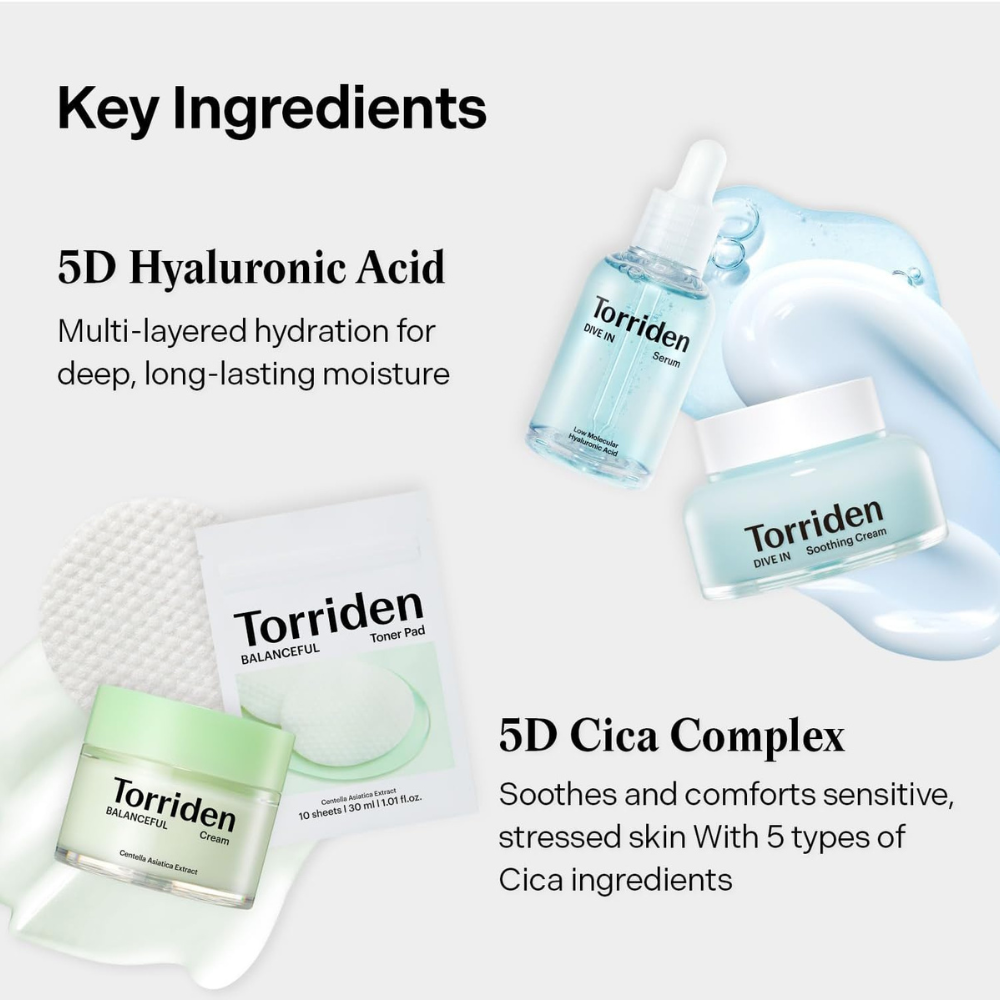 Torriden Softly Hydration Heroes set, DIVE-IN hyaluronic acid serum and soothing cream with BALANCEFUL cica cream and toner pad, Korean skincare gift set Australia