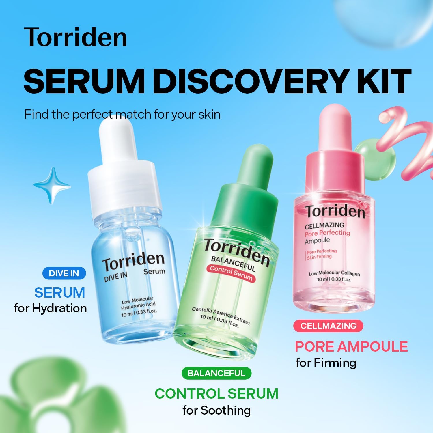 Torriden Serum Discovery Kit, three 10ml Korean serums, DIVE-IN hyaluronic acid, BALANCEFUL cica and CELLMAZING collagen, travel trial set Australia