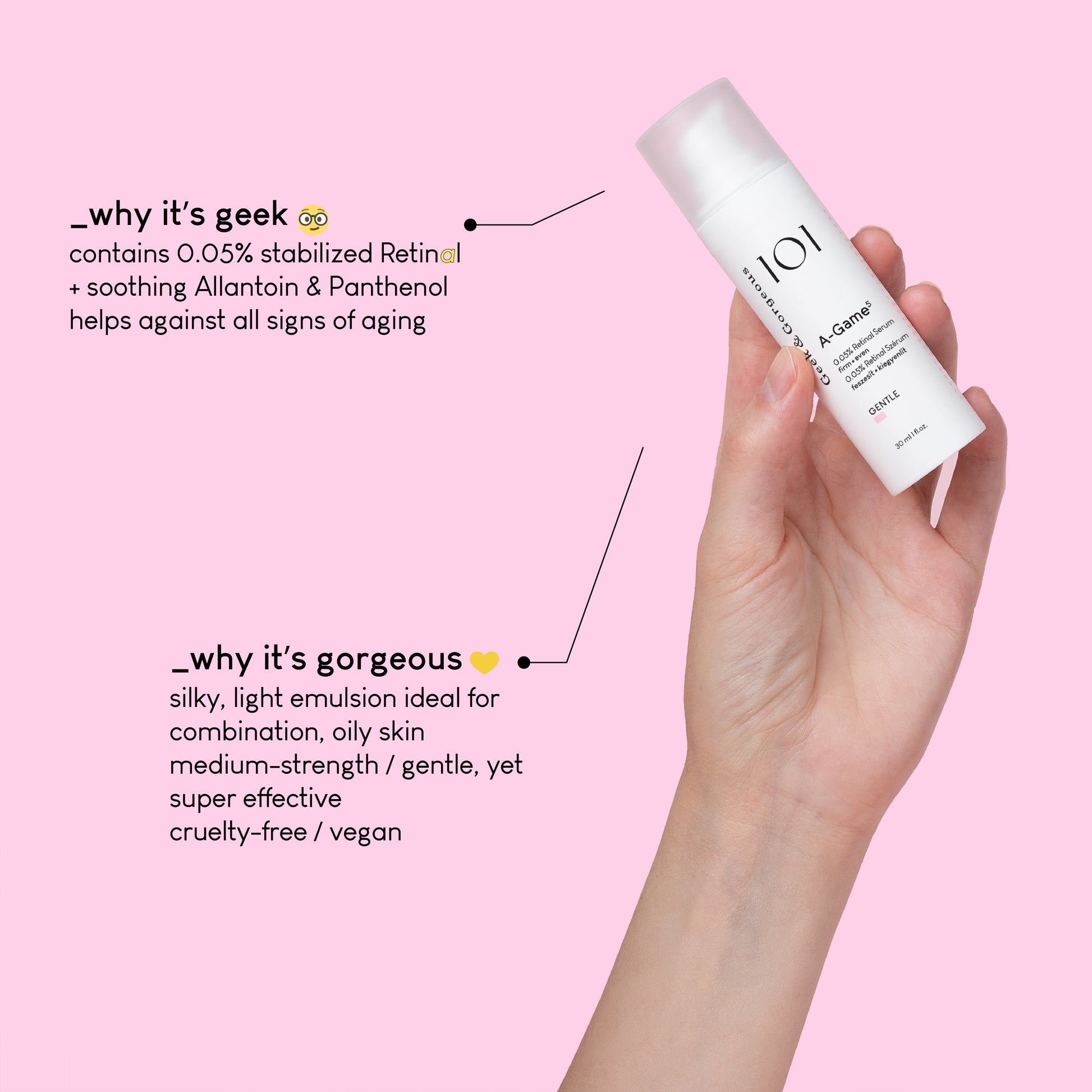 Geek & Gorgeous A-Game 5 0.05% retinal serum 30ml, vegan beginner-friendly retinaldehyde night serum for fine lines and texture Australia