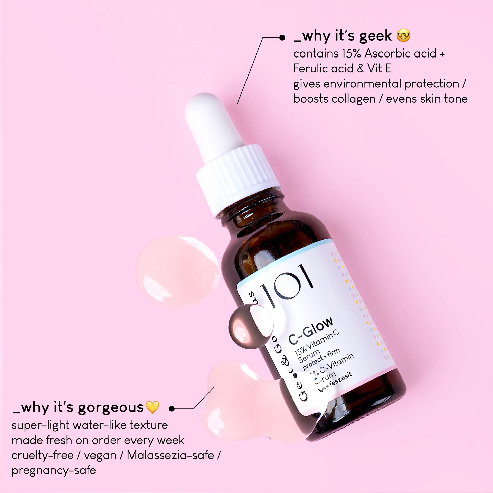 Geek & Gorgeous 101 C-Glow 15% vitamin C serum 30ml, vegan fragrance-free vitamin C and ferulic acid brightening serum Australia