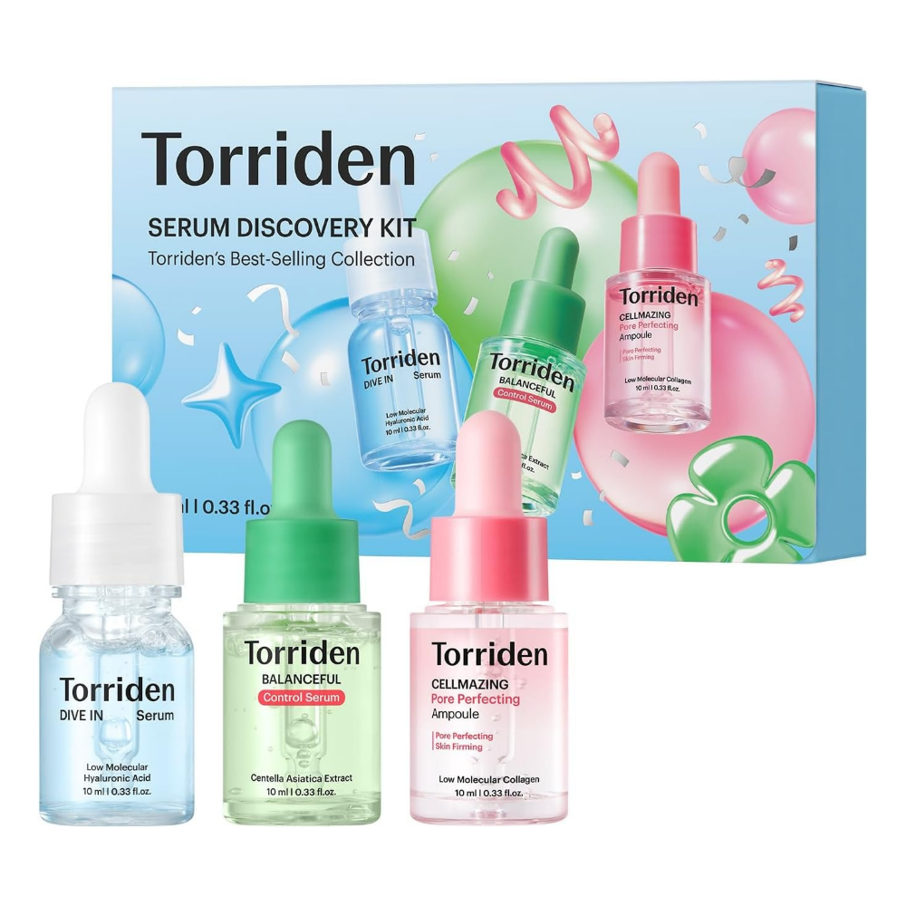 Torriden Serum Discovery Kit, three 10ml Korean serums, DIVE-IN hyaluronic acid, BALANCEFUL cica and CELLMAZING collagen, travel trial set Australia