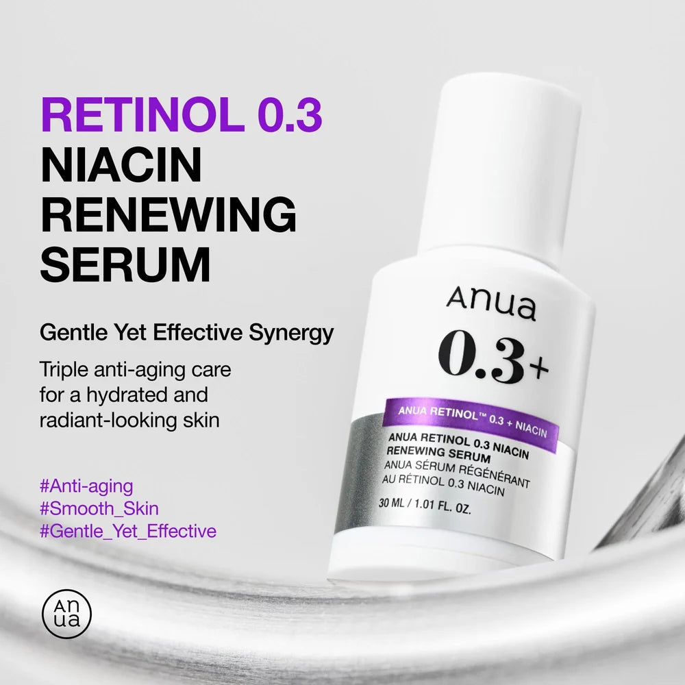 Anua Retinol 0.3% + Niacin Renewing Serum 30ml — gentle Korean retinol and 5% niacinamide serum for texture, pores and fine lines Australia