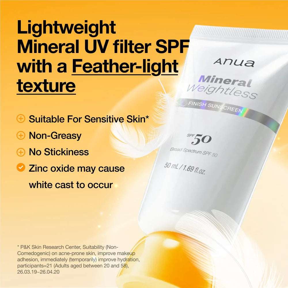 Anua Mineral Weightless Finish Sunscreen SPF50 PA++++ 50ml — Korean zinc mineral sunscreen for sensitive skin, weightless no-heavy finish Australia