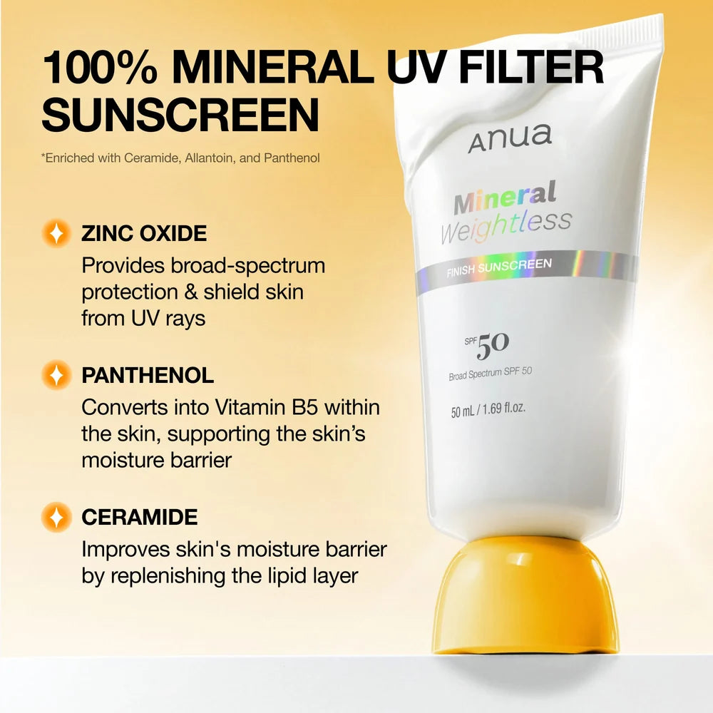Anua Mineral Weightless Finish Sunscreen SPF50 PA++++ 50ml — Korean zinc mineral sunscreen for sensitive skin, weightless no-heavy finish Australia