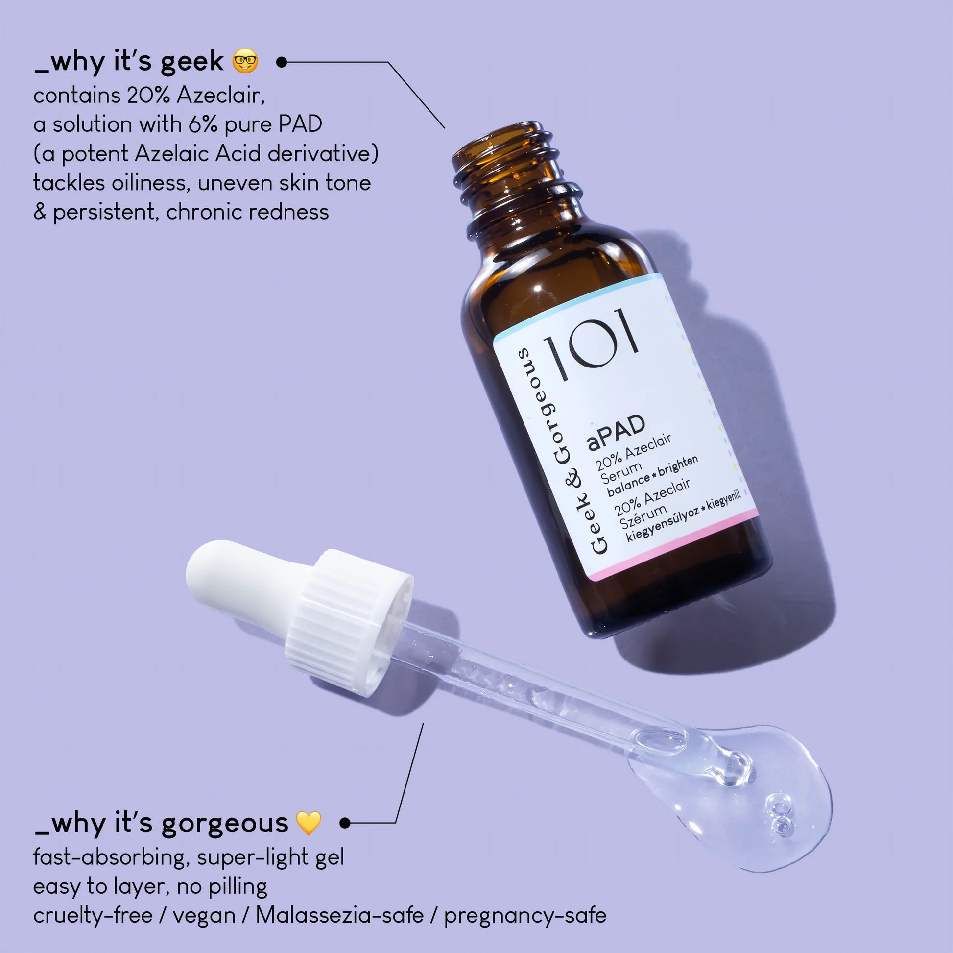 Geek & Gorgeous aPAD 20% Azeclair serum 30ml — gentle vegan azelaic acid derivative serum for redness, blemishes and even tone Australia