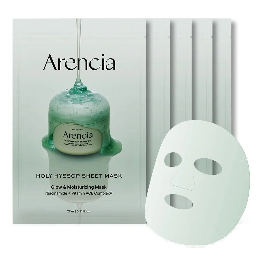 Arencia Holy Hyssop Sheet Mask 5 sheets, vegan Korean hyssop and vitamin ACE sheet mask for hydration and glow Australia